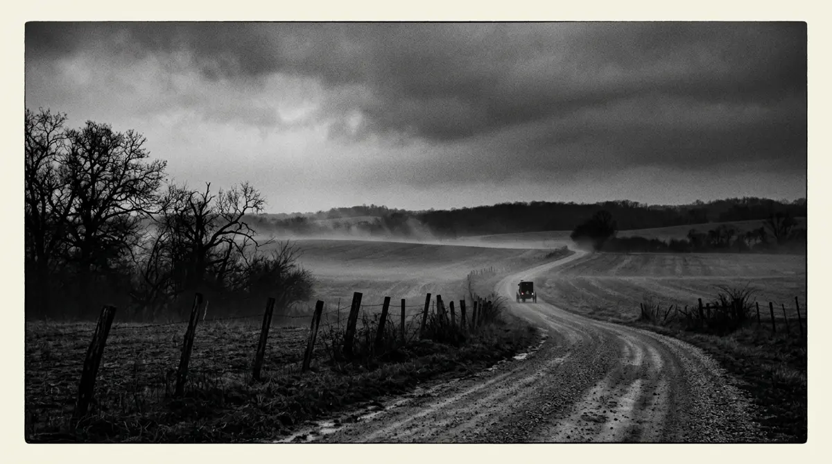 A muddy gravel road winding through fog-covered Missouri farmland, an Amish buggy in the distance