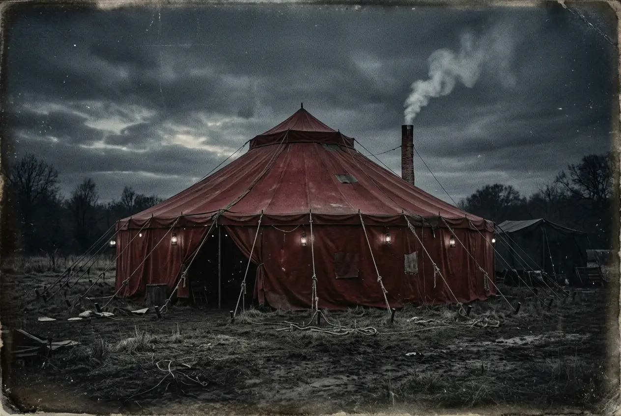 A weathered red canvas tent standing alone in a muddy field at dusk, smoke rising from a brick chimney behind it